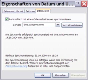 WINDOWS XP Internet synchronization of clock